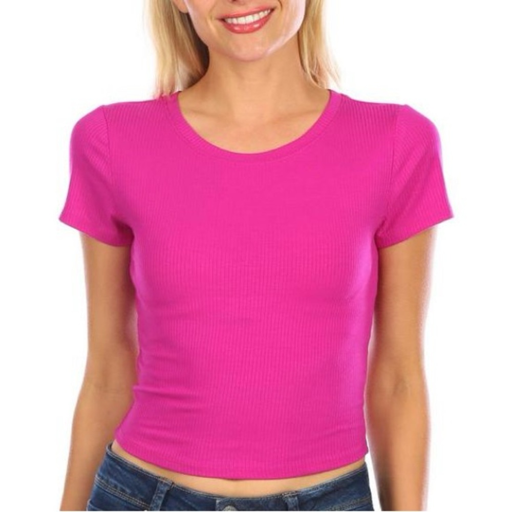 BOZZOLO Juniors Ribbed Cropped Top Hot Pink Sz L NWOT